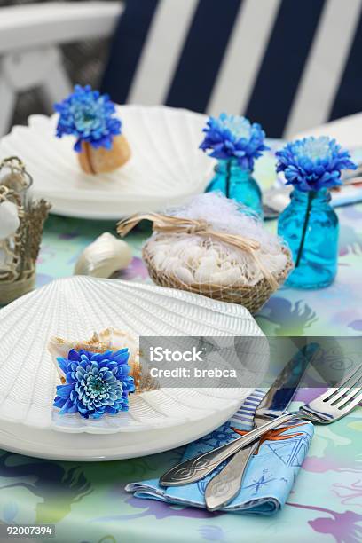 Table Setting In Maritime Style Stock Photo - Download Image Now - Animal Shell, Arranging, Candle