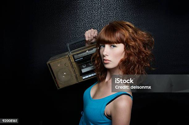 Redhead Beauty With Boombox Stock Photo - Download Image Now - 1980-1989, Hip Hop Music, Adult