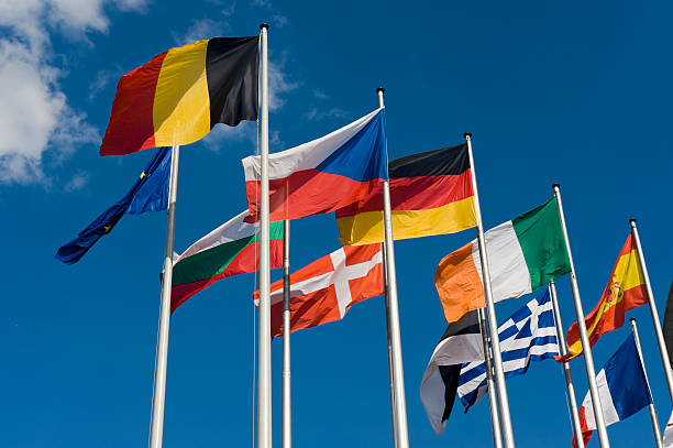 istock European flags raised together in a set of poles 92009371