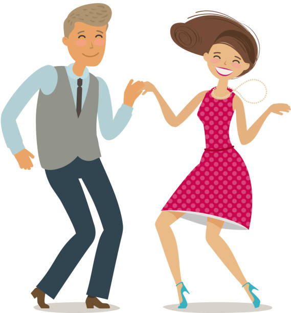 Happy couple dancing dance twist. Cartoon vector illustration in flat style Happy couple dancing dance twist. Cartoon vector illustration in flat style isolated on white background 60s style dresses stock illustrations