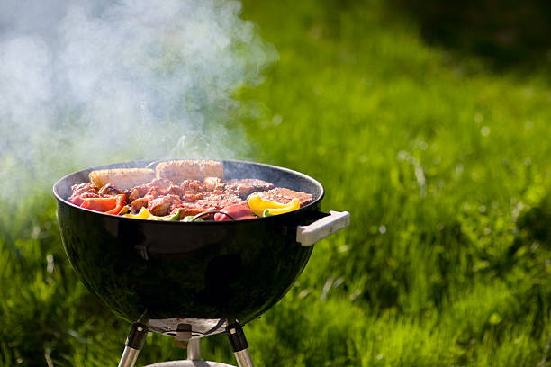 Smoking barbecue cooking meat and vegetables stock photo
