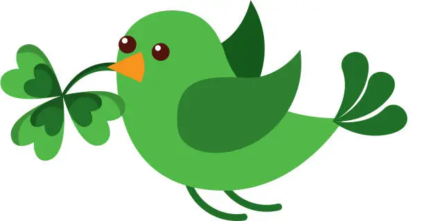 Vector illustration of green bird flying with clover in beak