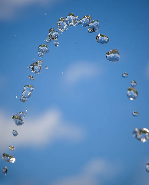 Droplets of water forming an arc in front of a blue sky
