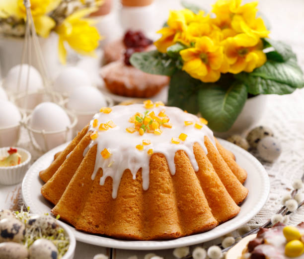 istock Easter yeast cake with icing and candied orange peel, delicious Easter dessert 920106140
