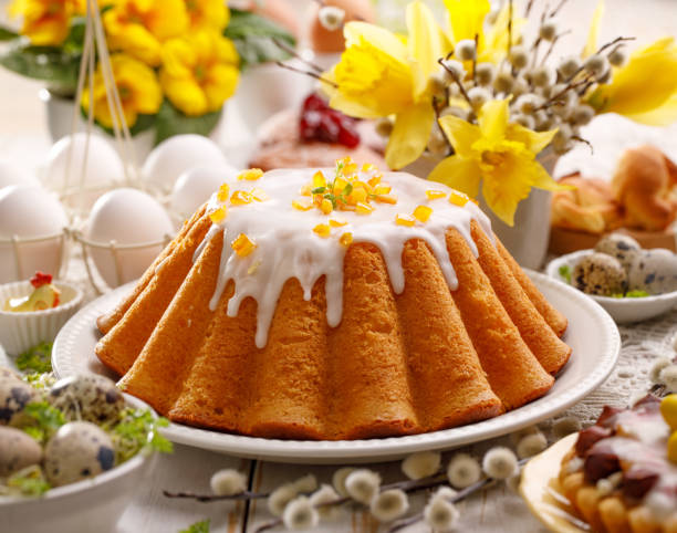 istock Easter yeast cake with icing and candied orange peel, delicious Easter dessert 920106144