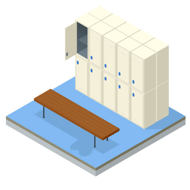 사물함과 탈의실의 아이소메트릭 인테리어입니다. 라커 룸 샤워 인클로저 벤치 및 스토리지를 변경 하는 벡터 일러스트 레이 션 옷장. - football education tall sport stock illustrations