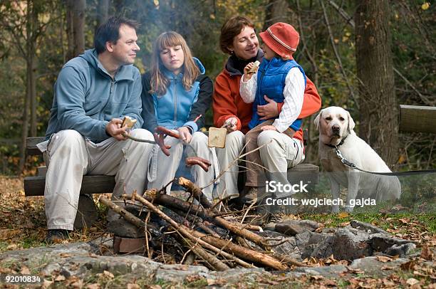 Familia Feliz Con Un Perro Cerca De La Hoguera Foto de stock y más banco de imágenes de Camping - Camping, Familia, Niño