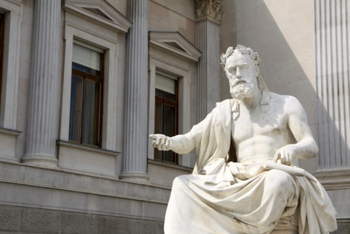 The philosopher Plato at the Academy of Athens in Greece. The statue was made by Leonidas Drosis (died 1882).