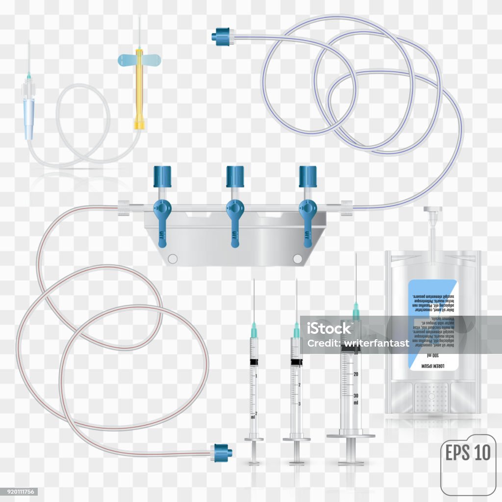 Set de sac des antibiotiques par voie intraveineuse et injection plastique. Système pour les perfusions intraveineuses d’un dispositif de conversion.  Ensemble de collection tube et le sang. Vector - clipart vectoriel de Perfusion intraveineuse libre de droits