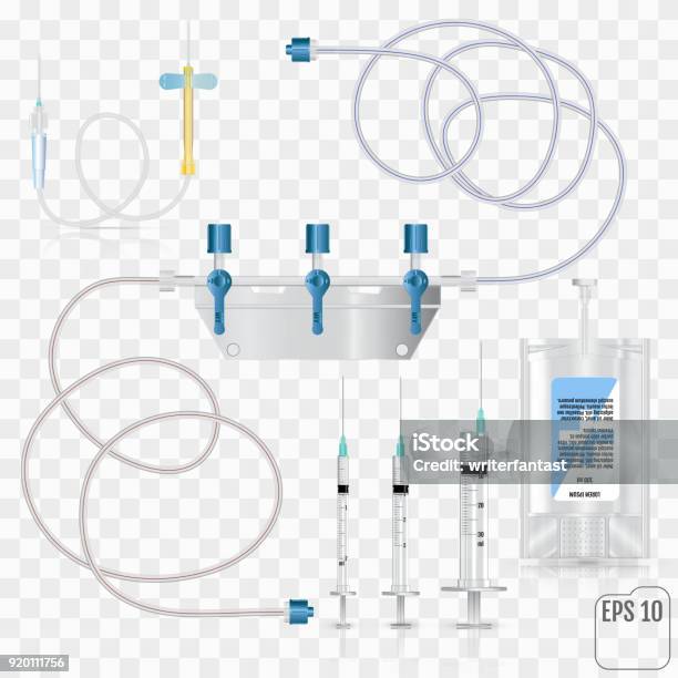 Bag Of Intravenous Antibiotics And Plastic Infusion Set System For Intravenous Infusions With A Converting Device Tube And Blood Collection Set Vector Stock Illustration - Download Image Now