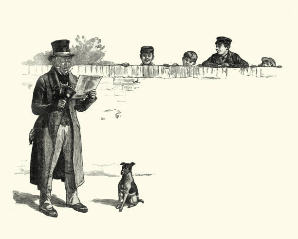Victorian Town crier anncouces the news Vintage engraving of a Victorian Town crier anncouces the news, while a dog and boys look on, 19th Century. A town crier, also called a bellman, is an officer of the court who makes public pronouncements as required by the court town criers stock illustrations