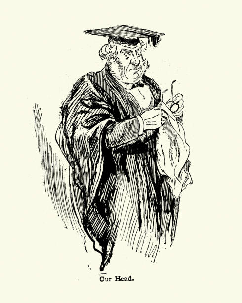 Victorian Headmaster, Teacher, 19th Century Vintage engraving of a Victorian Headmaster, Teacher, 19th Century, wearing a mortar board and gown school principal stock illustrations