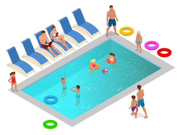 ilustrações, clipart, desenhos animados e ícones de isométrica família desfrutando das férias de verão no conceito de piscina de luxo. ilustração vetorial - vector fun family healthy lifestyle