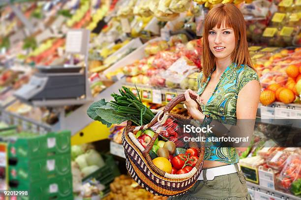 Fruit Basket Shops Stock Photo - Download Image Now - Adult, Apple - Fruit, Bag