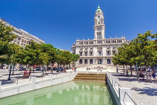 Porto city hall during summer time with tourists, Portugal