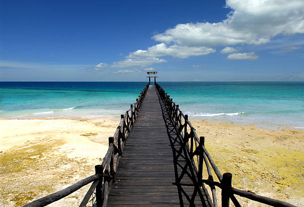 View of wooden deck in diminishing perspective view over Caribbean sea.