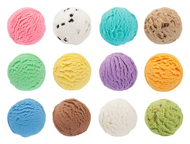 Top view of 12 colorful ice cream scoops isolated on white