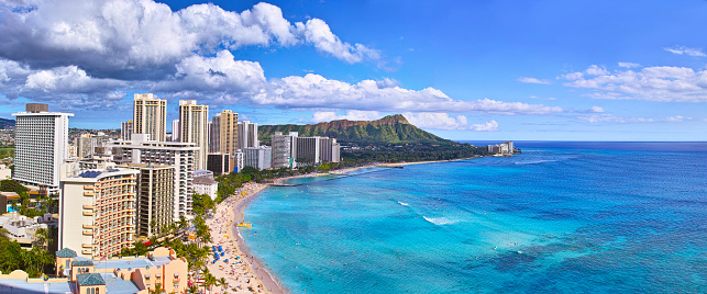 Aerial view of Waikiki Beach, diamond head and hotels in Honolulu, Hawaii Islands, USA.