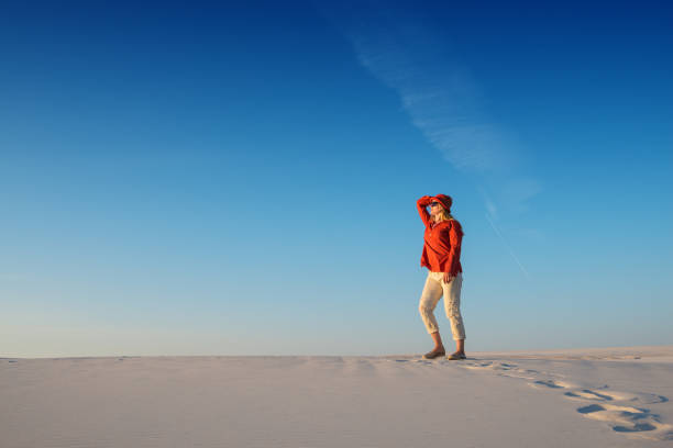 istock Modern young woman admires magic landscape and dreams in desert 920176572