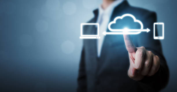 cloud computing and technology network connection concept, businessman hand holding icon cloud server tranfer data device - cyberspace support computer assistance imagens e fotografias de stock