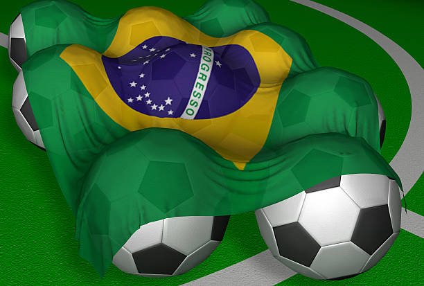istock 3D-rendering Brazil flag and soccer-balls 92018333