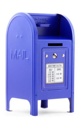 Close-up of a blue metallic Mailbox, isolated on white background.