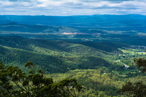 The panoramic countryside green landscape view with white clouds on the sky on mountainse in Toowoomba, Australia
