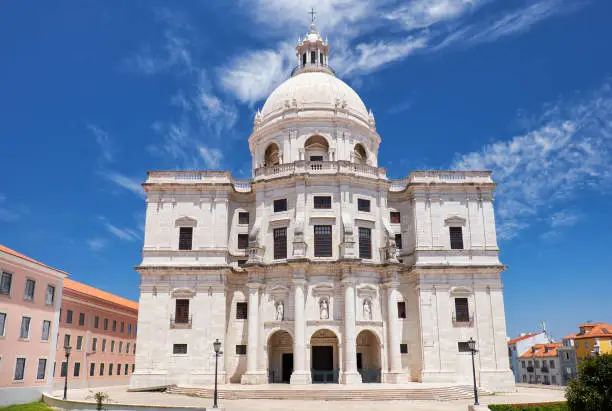 The baroque style central facade of National Pantheon, originally Church of Santa Engracia. Lisbon. Portugal.