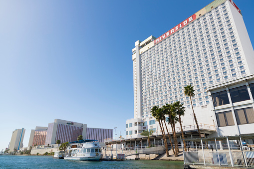 An editorial stock photo of Laughlin, Nevada. The Riverside and Aquarius water front hotels and casinos can be seen. Located on the banks of the Colorado River.
