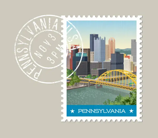 Vector illustration of Pennsylvania postage stamp design. Vector illustration of Pittsburgh skyline. Grunge postmark on separate layer.