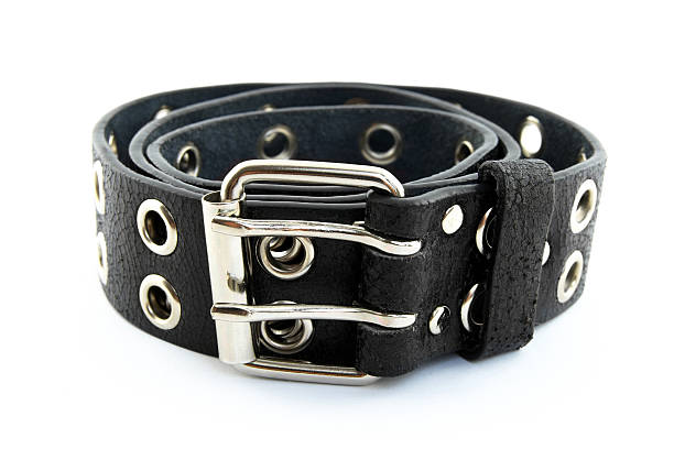 istock Black leather belt with metal buckle 92022623
