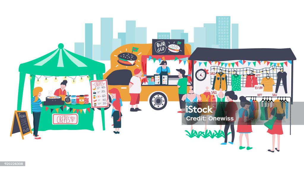 open market People selling and shopping at the market fair or walking street consisting of burger food truck , clothes shop and crepe stall, all is colorful doodle cartoon flat design, illustration, vector, on white background Market - Retail Space stock vector