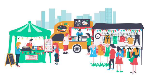open market People selling and shopping at the market fair or walking street consisting of burger food truck , clothes shop and crepe stall, all is colorful doodle cartoon flat design, illustration, vector, on white background market stall stock illustrations