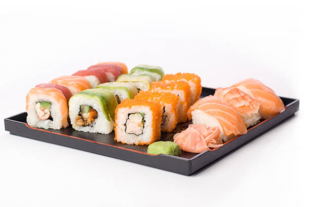Allsorts sushi Allsorts sushi isolated on white wasabi sauce stock pictures, royalty-free photos & images
