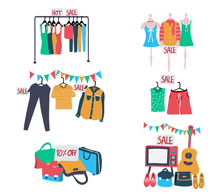 set of second hand clothes and accessories on sale, all in colorful doodle flat style, isolated on white background, illustration, vector