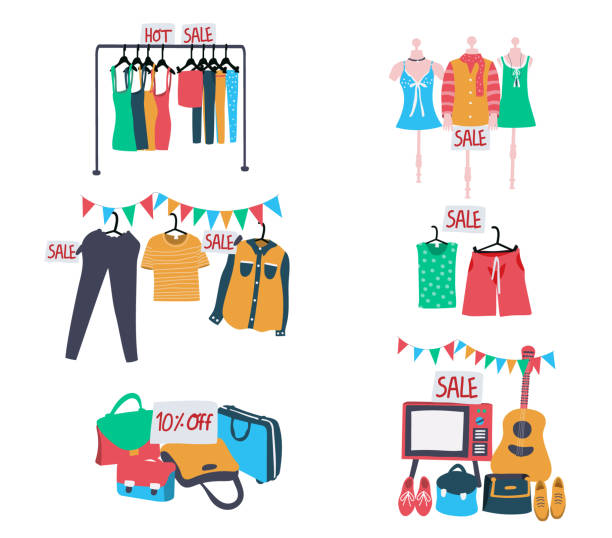 second hand clothes on sale set of second hand clothes and accessories on sale, all in colorful doodle flat style, isolated on white background, illustration, vector fashion bazaar stock illustrations