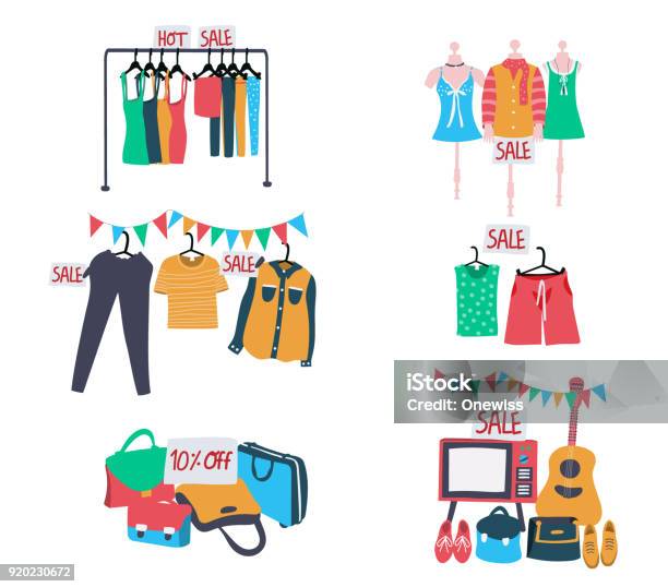 Second Hand Clothes On Sale Stock Illustration - Download Image Now - Clothing, Flea Market, Shopping