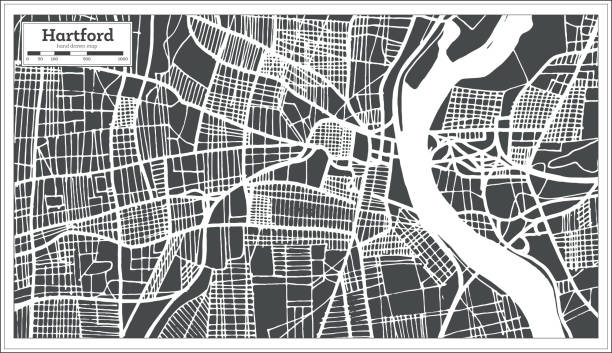 ilustraciones, imágenes clip art, dibujos animados e iconos de stock de mapa de la ciudad de hartford usa en estilo retro. mapa de contorno. - map cartography connecticut drawing
