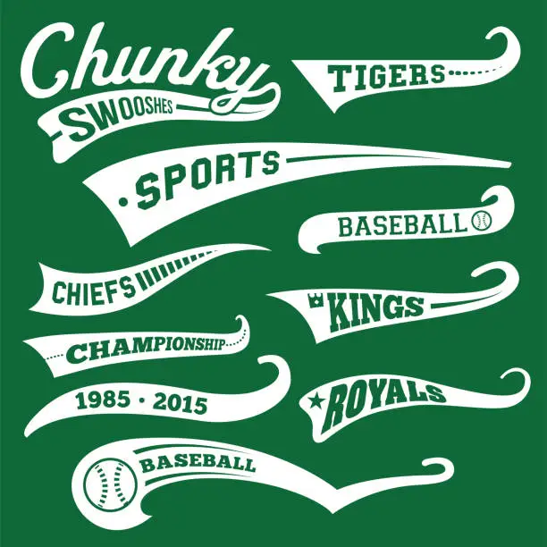 Vector illustration of Vector Swooshes, Swishes, Whooshes, and Swashes for Typography on Retro or Vintage Baseball Tail Tee shirt