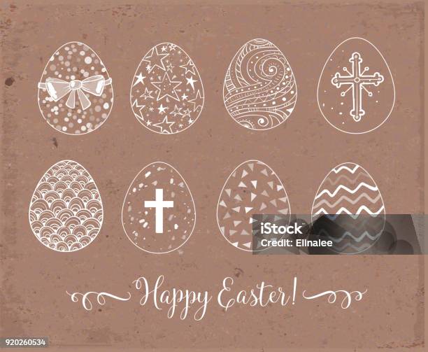 Set Of Handdrawn Ornated Easter Eggs On Brown Parcel Paper Background Vector Illustration Stock Illustration - Download Image Now