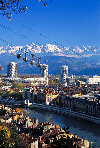 High view of Grenoble city and cable cars stock photo