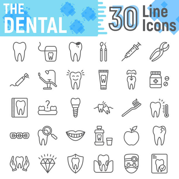 ilustrações, clipart, desenhos animados e ícones de conjunto de ícones de linha dental, coleção de símbolos de estomatologia, desenhos vetoriais, ilustrações de logotipo, pacote de pictogramas lineares de sinais clínica dentária isolado no fundo branco, eps 10. - dentist dentist office human teeth dental equipment