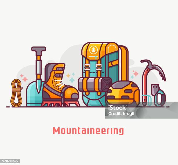 Ilustración de Escalada Senderismo Y Montañismo Concepto y más Vectores Libres de Derechos de Deporte - Deporte, Pila - Arreglo, Accesorio de cabeza