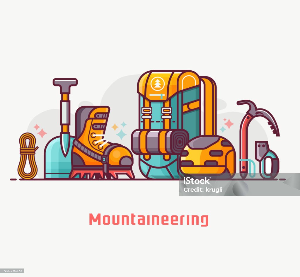 Climbing, Hiking and Mountaineering Concept Climbing and mountain hiking lifestyle with professional mountaineering equipment. Summer alpinist expedition and adventure essentials. Climb and hike concept banner in flat design. Heap stock vector