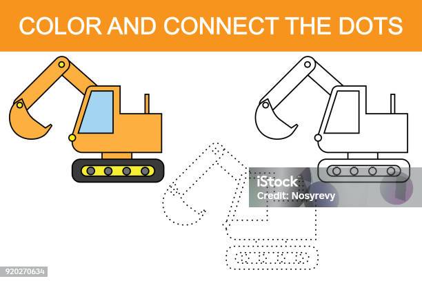 Excavator Cartoon Educational Game For Children Color And Connect The Dots Stock Illustration - Download Image Now