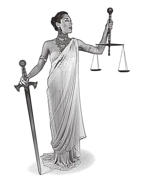 Vector illustration of Hispanic Lady Justice holding sword and scales