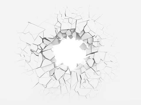 Broken white wall with a hole in the center. 3d illustration.