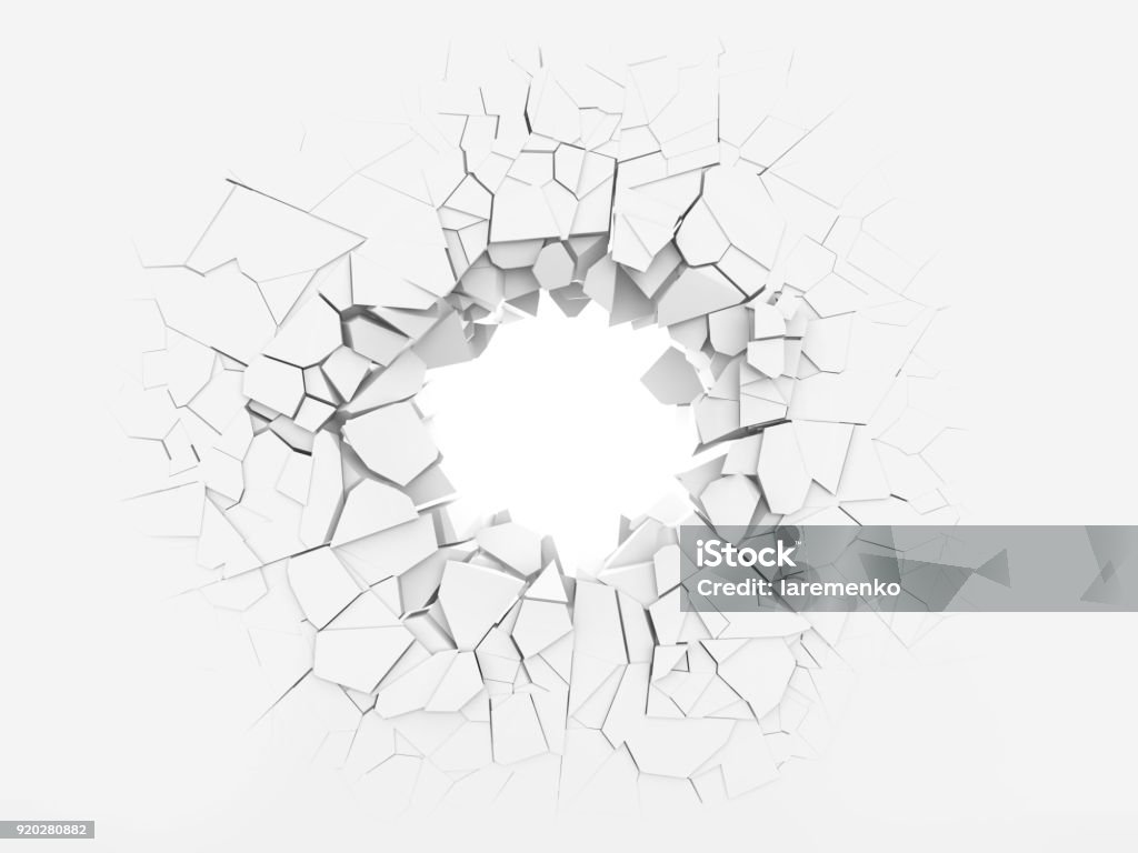 Hole in the wall. Broken white wall with a hole in the center. 3d illustration. Wall - Building Feature Stock Photo