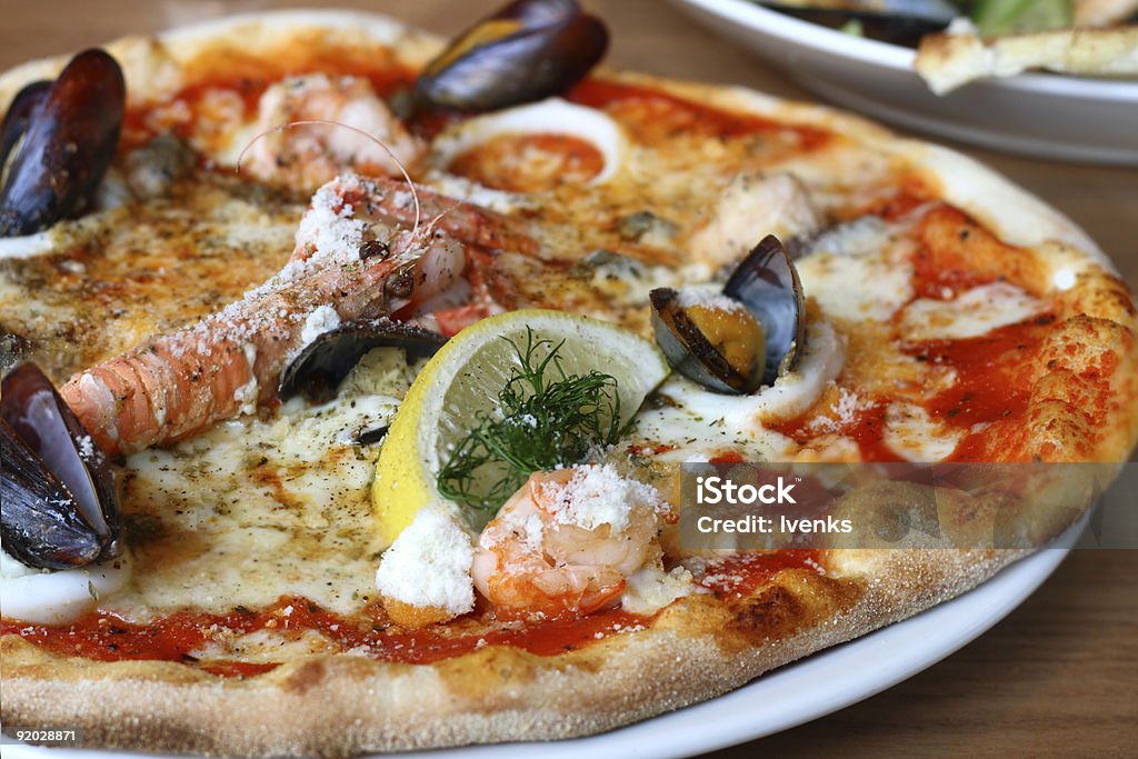 pizza de Frutos do Mar Lagosta ou langouste Mexilhões prawns Lula de anéis - Royalty-free Alimentação Saudável Foto de stock