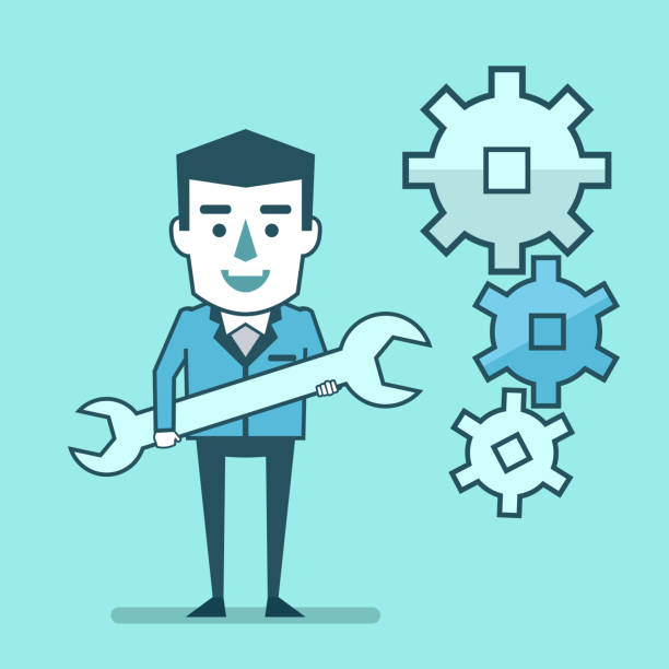 istock Smiling businessman stands with big wrench in his hands near setting gears 920291610